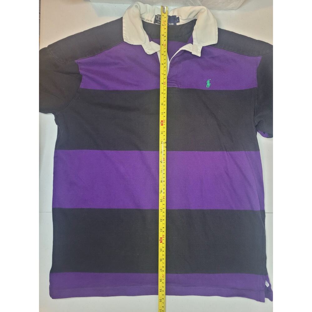 Vntg Polo By Ralph Lauren Polo Shirt Men L Purple Black Rugby Stripe Long Sleeve - Picture 12 of 12